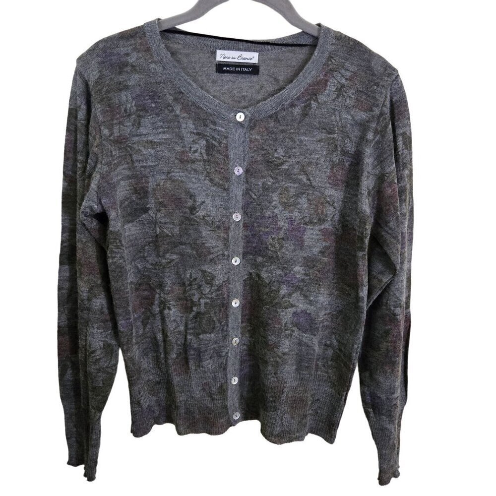 Nero Su Bianco Gray Floral Button-Down Cardigan Sweater Alpaca Blend Size S